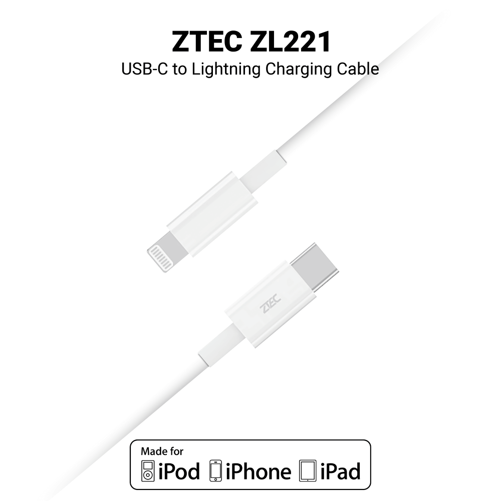 สายชาร์จเร็ว ZTEC รุ่น ZL221 USB-C to Lightning 1 เมตร สีขาว (รองรับมาตรฐาน MFI)